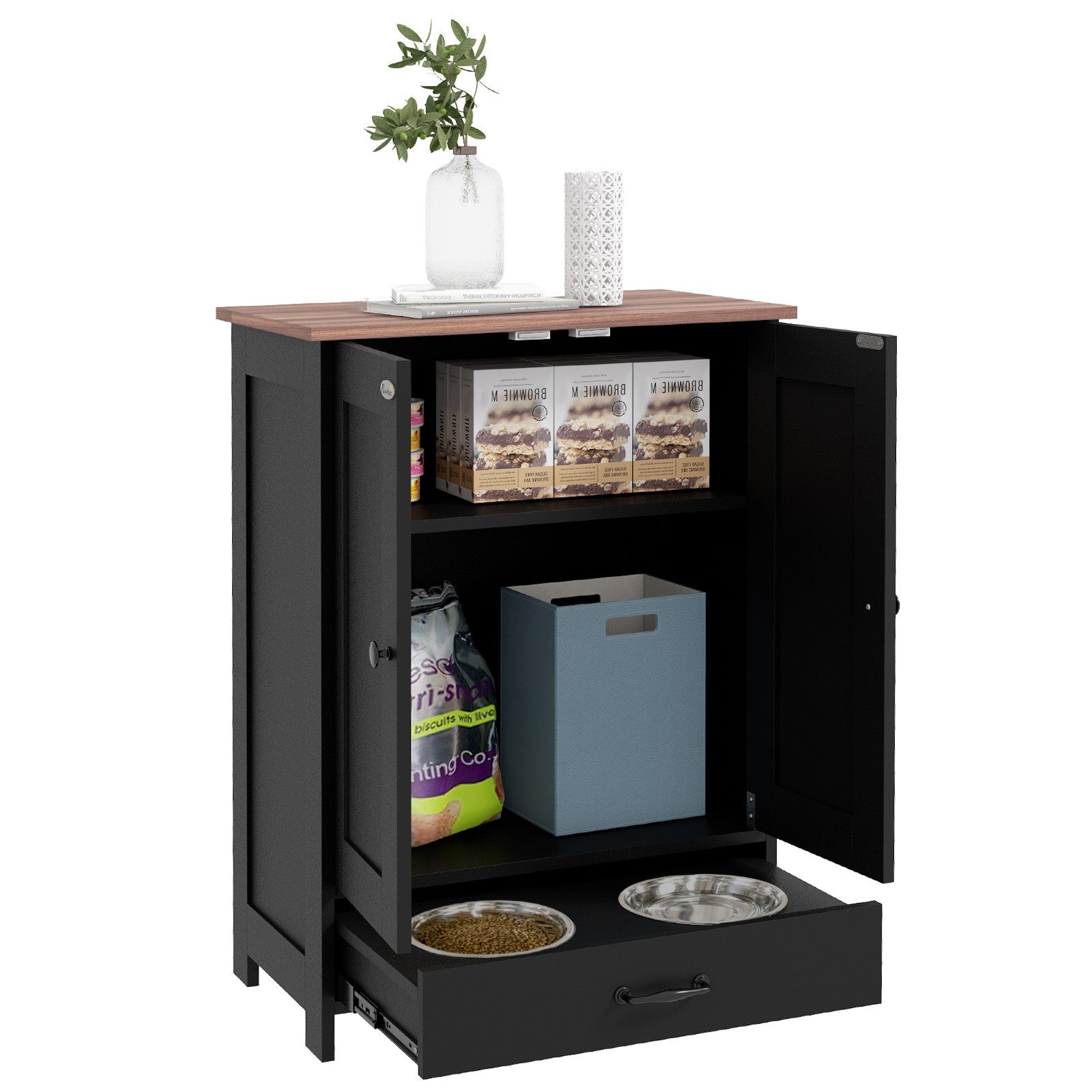 Dog Feeding Station with Storage, Pet Feeding Station with Dog Bowls, Black