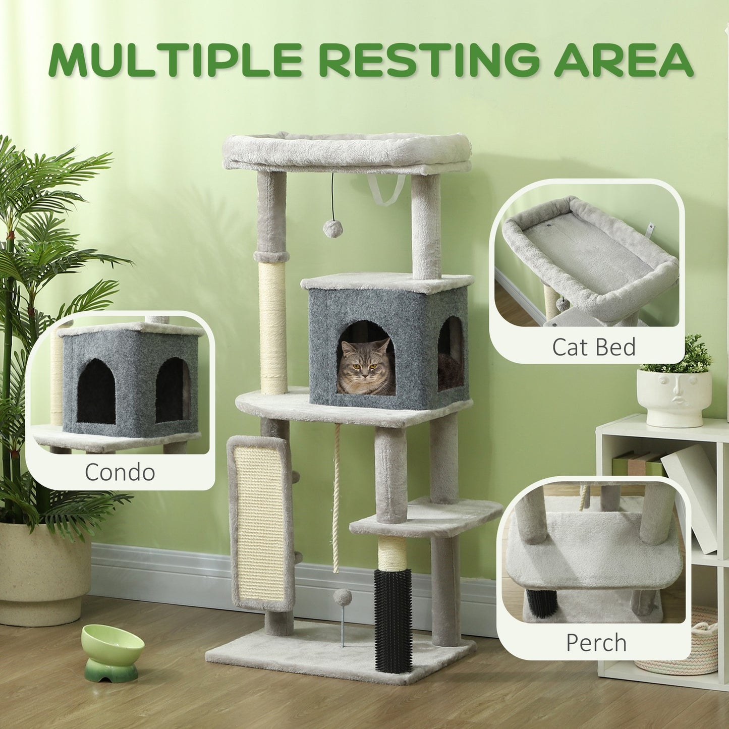 Cat Tree, 132Cm Cat Tower with Scratching Posts and Pad, Bed, House, Light Grey