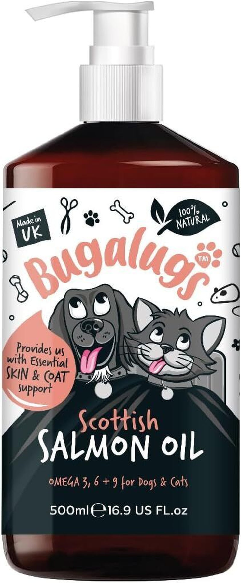 Bugalugs 100% Pure Salmon Oil for Dogs, Cats & Pets 500Ml, Healthy Skin & Coat