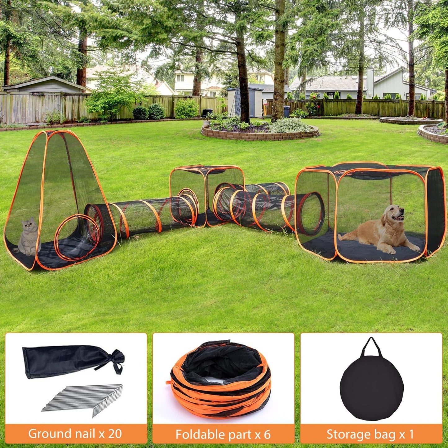 Large Pet Tunnel Cat, Foldable Small Animal Playpen Outdoor Cat Enclosure Tunnel Protable Dog Playpens Indoors for Small Medium Kitten Dog Puppy (6 in 1)