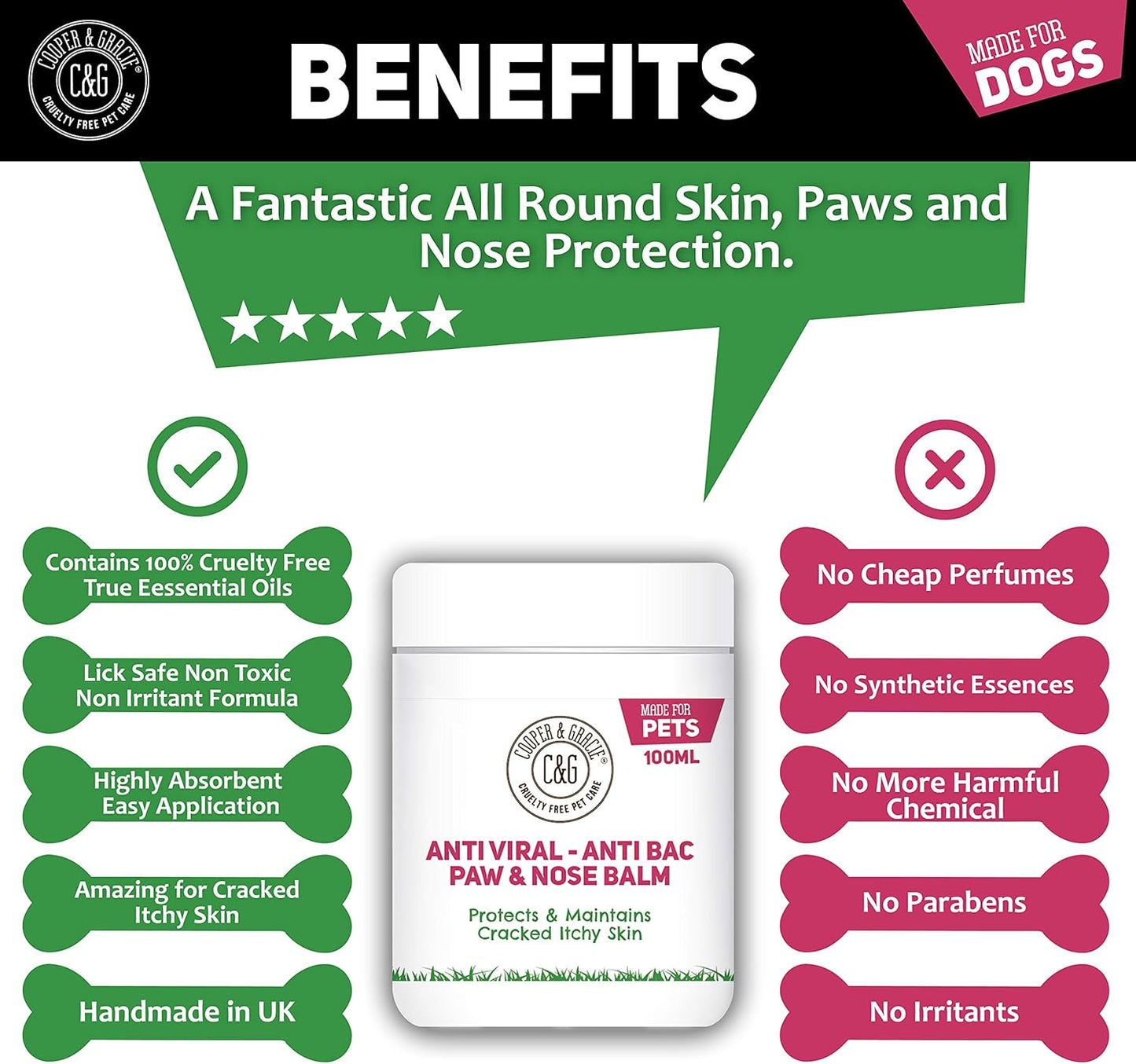 Cooper and Gracie Dog Paw and Nose Balm 100ML - Instantly Soothe Cracked, Itchy Skin and Paws | Antifungal, Cruelty-Free Formula | Best Grooming for Dogs