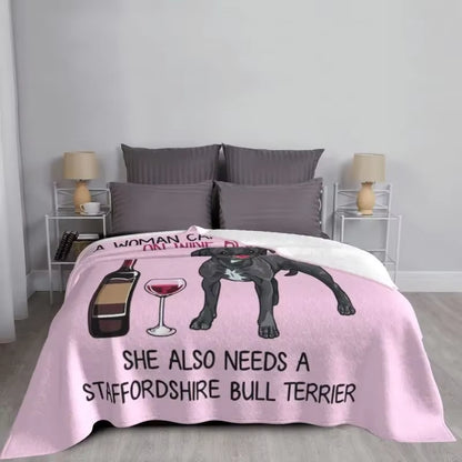 Staffordshire Bull Terrier and Wine Funny Dog Blankets Warm Flannel Pet Puppy Lover Throw Blanket for Bed Couch Bedspread