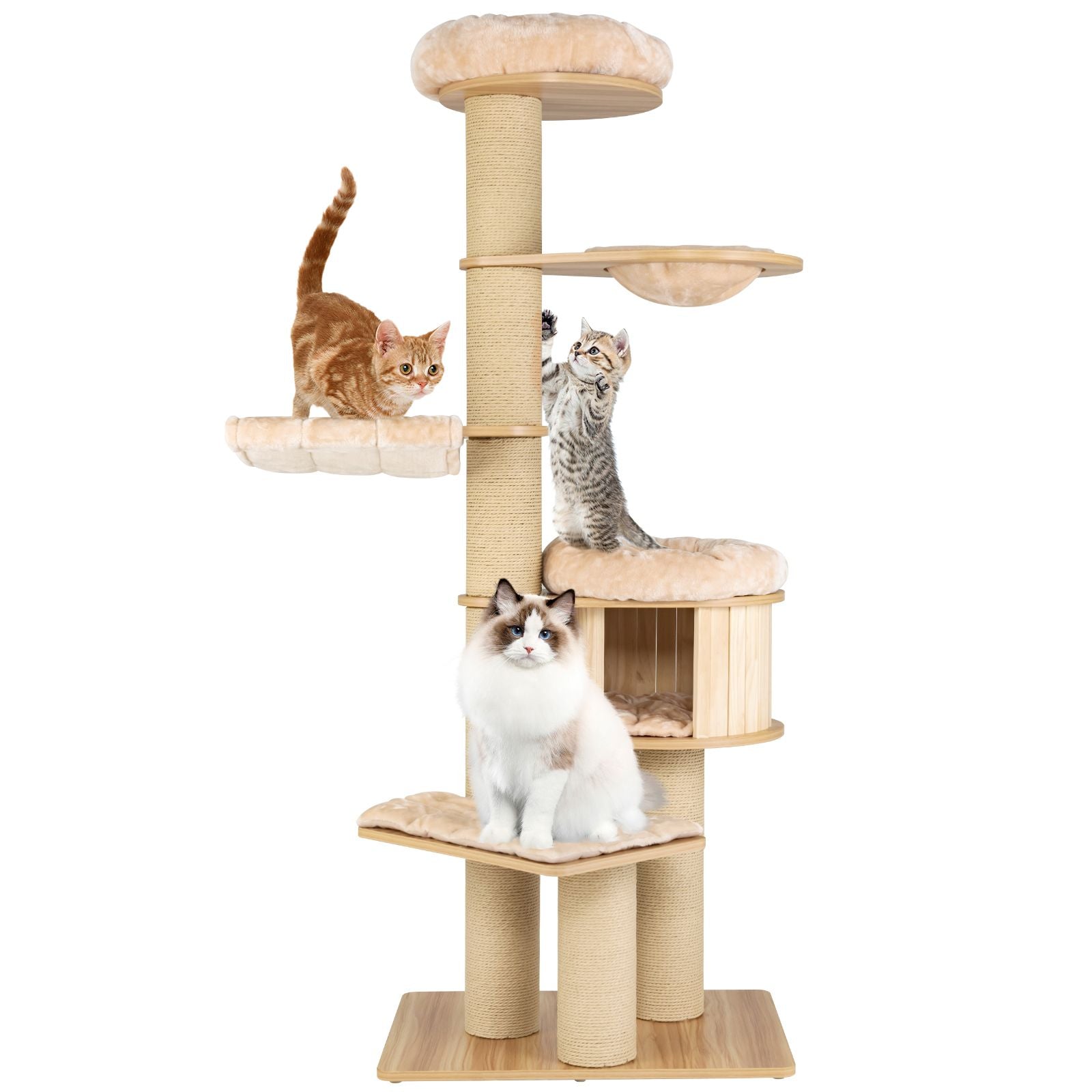 Modern Tall Cat Tree Tower with Wooden Cat Condo