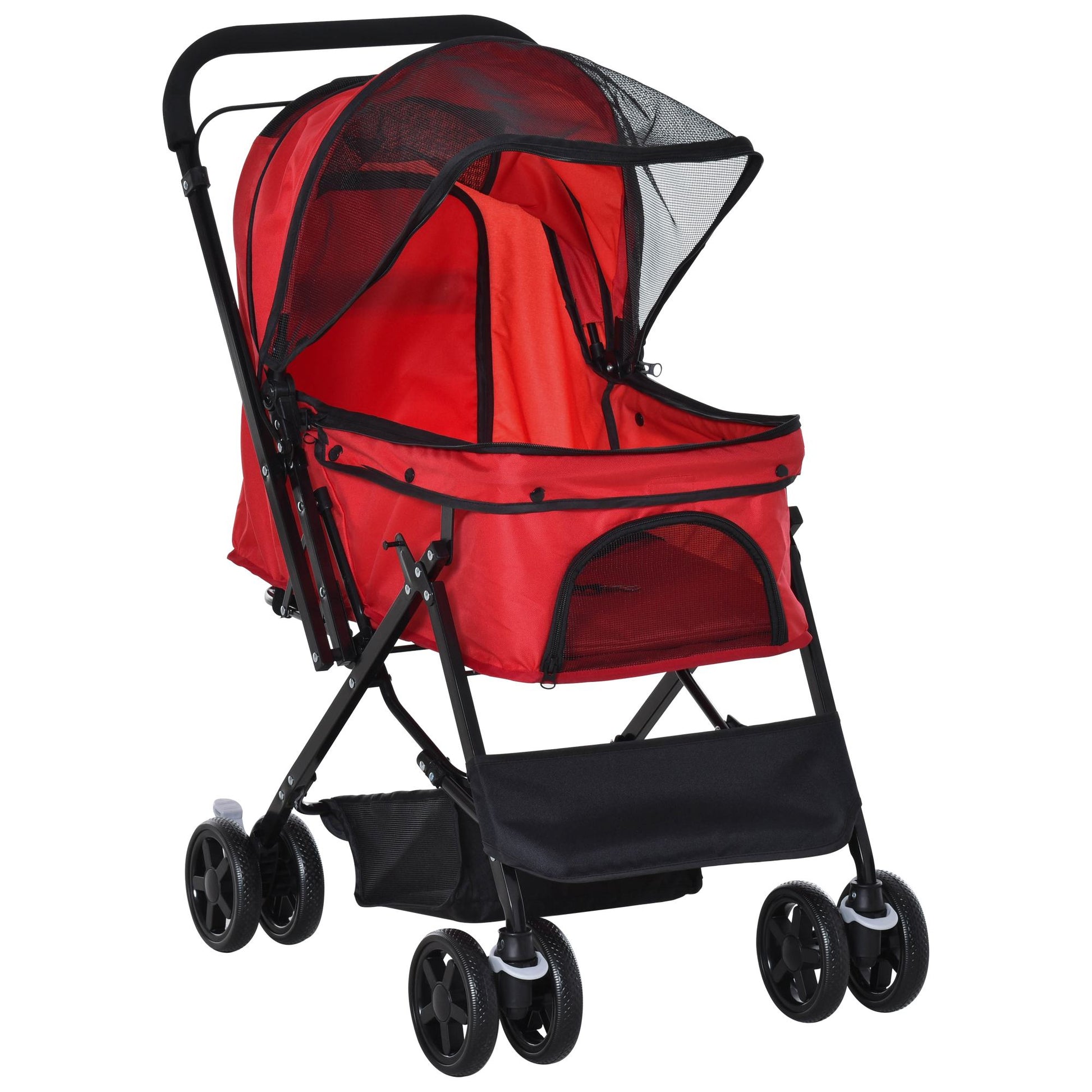 Pet Stroller Foldable Travel Dog Cat Carriage W/ Reversible Handle Brake Basket