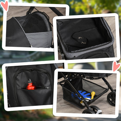 Pet Stroller Foldable Travel Dog Cat Carriage W/ Reversible Handle Brake Basket