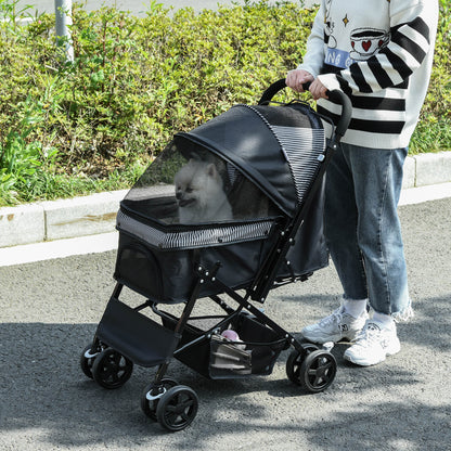 Pet Stroller Foldable Travel Dog Cat Carriage W/ Reversible Handle Brake Basket