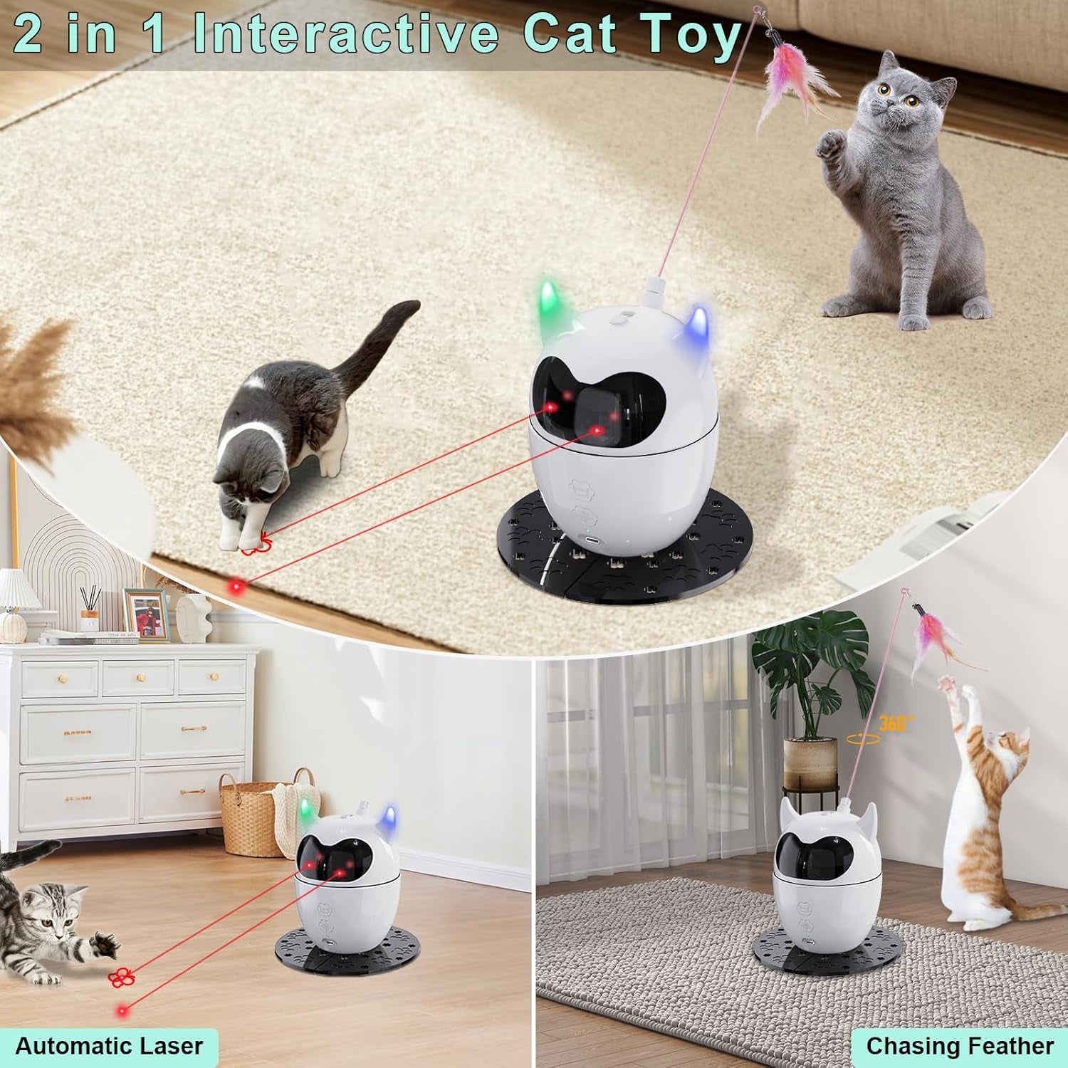Cat Toy, Automatic & Remote Control, 2In1 Rechargeable - Rotating Feather & Dual Light, Cat Toy for Indoor Cats Kittens