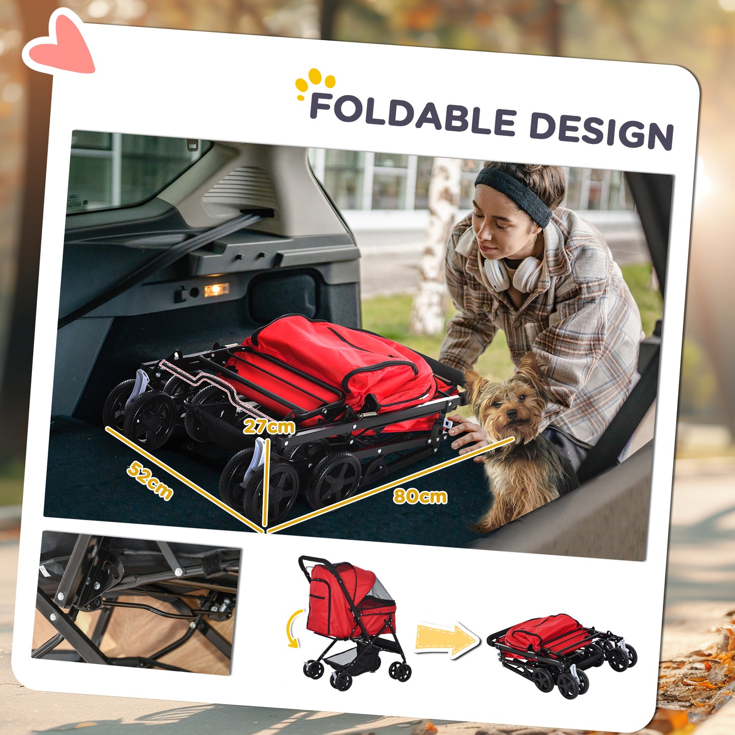 Pet Stroller Foldable Travel Dog Cat Carriage W/ Reversible Handle Brake Basket