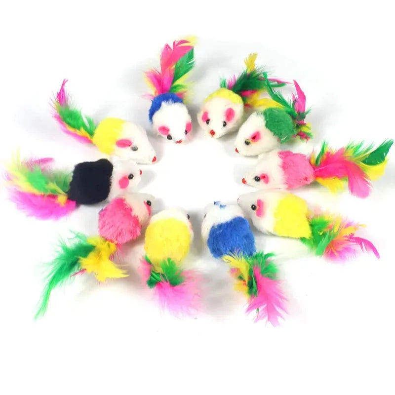 Cute Cat Toys Soft Fleece False Mouse Kitten Toys Funny Cat Toy with Colorful Feather Interactive Cats Toy Cat Accessories