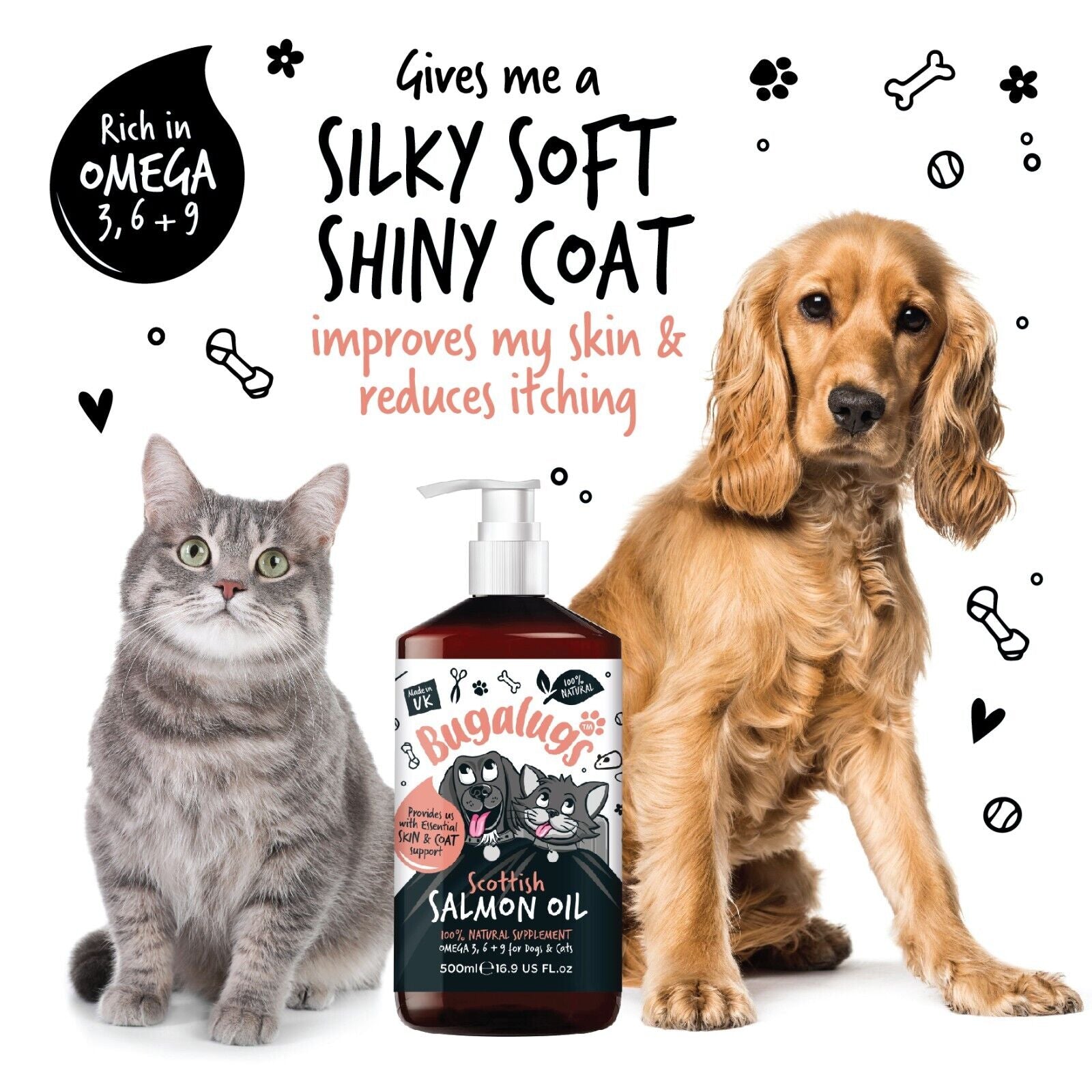 Bugalugs 100% Pure Salmon Oil for Dogs, Cats & Pets 500Ml, Healthy Skin & Coat