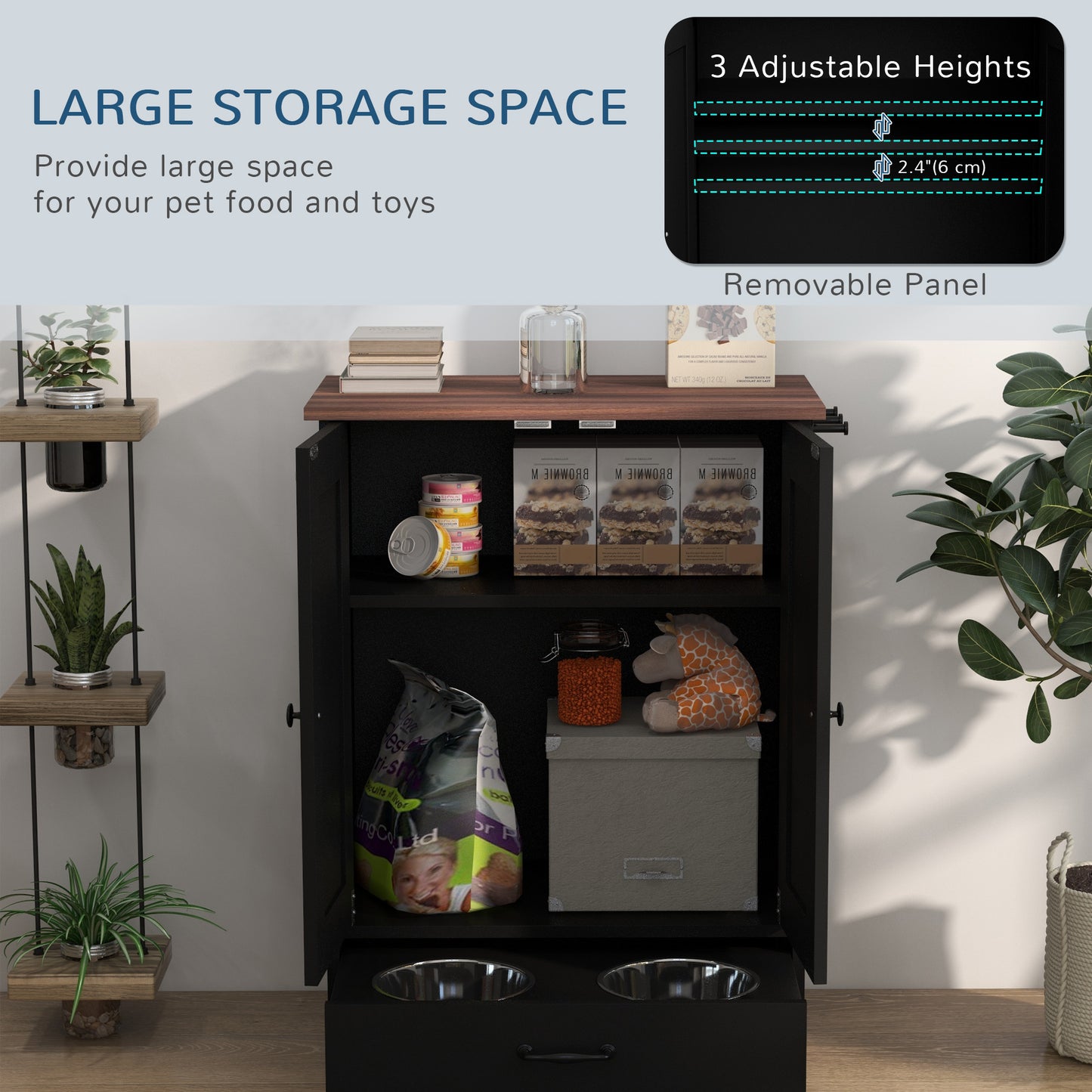Dog Feeding Station with Storage, Pet Feeding Station with Dog Bowls, Black