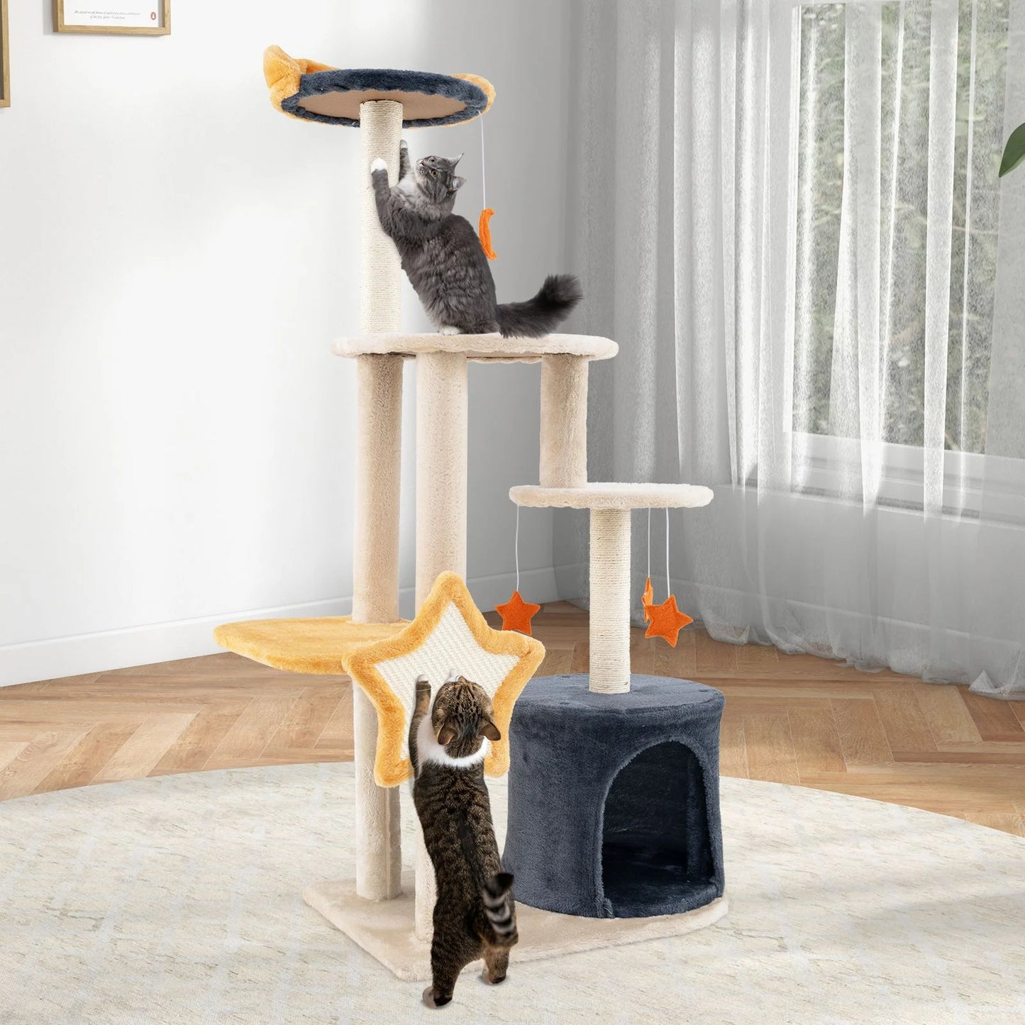 128 Cm Tall Cat Tree with Sisl Scratching Posts and Dangling Toys