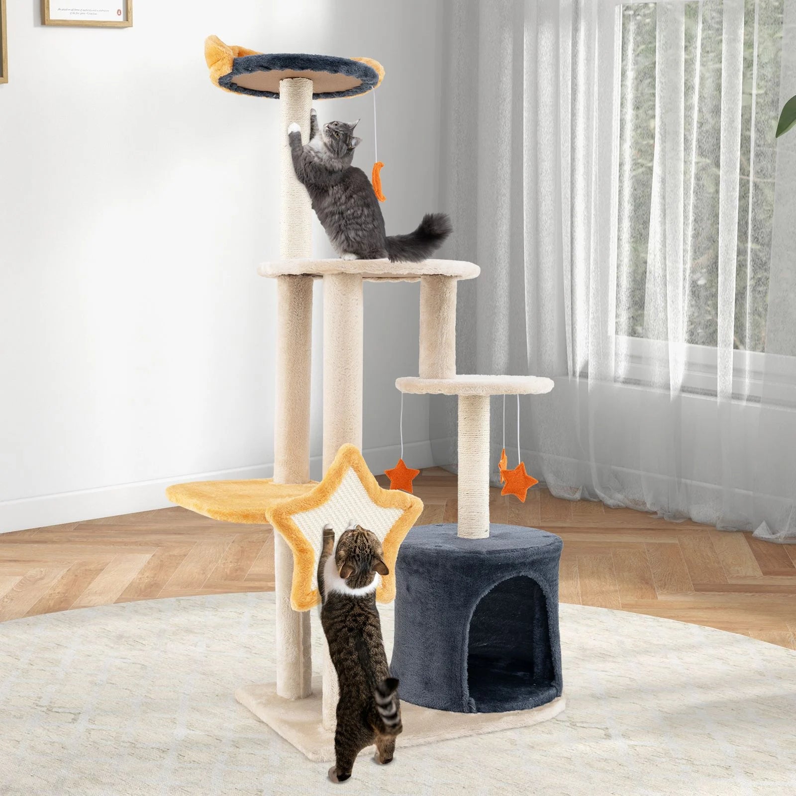 128 Cm Tall Cat Tree with Sisl Scratching Posts and Dangling Toys
