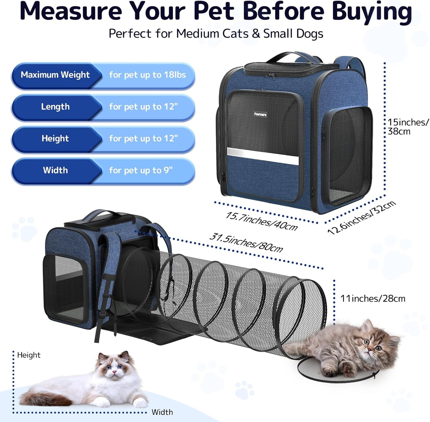 Cat Carrier Backpacks: Expandable Pet Backpack with Breathable Mesh, Pet Carrier Backpack for Cats Small Dogs Puppies up to 25 Lbs, Dog Carrier Backpack for Travel Hiking Camping Outdoor Blue