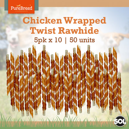 50Pk Dog Chews Treats Rawhide Twists Sticks Wrapped in Chicken Meat Healthy Food