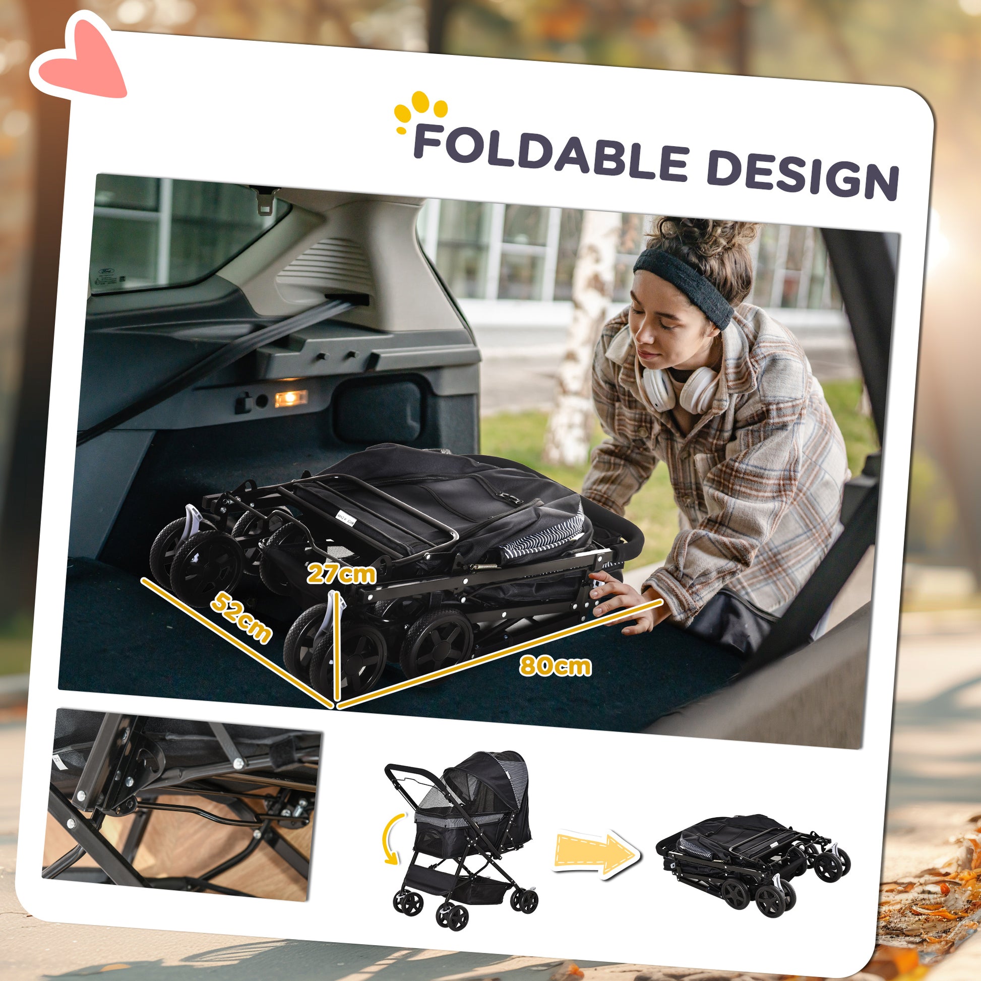 Pet Stroller Foldable Travel Dog Cat Carriage W/ Reversible Handle Brake Basket