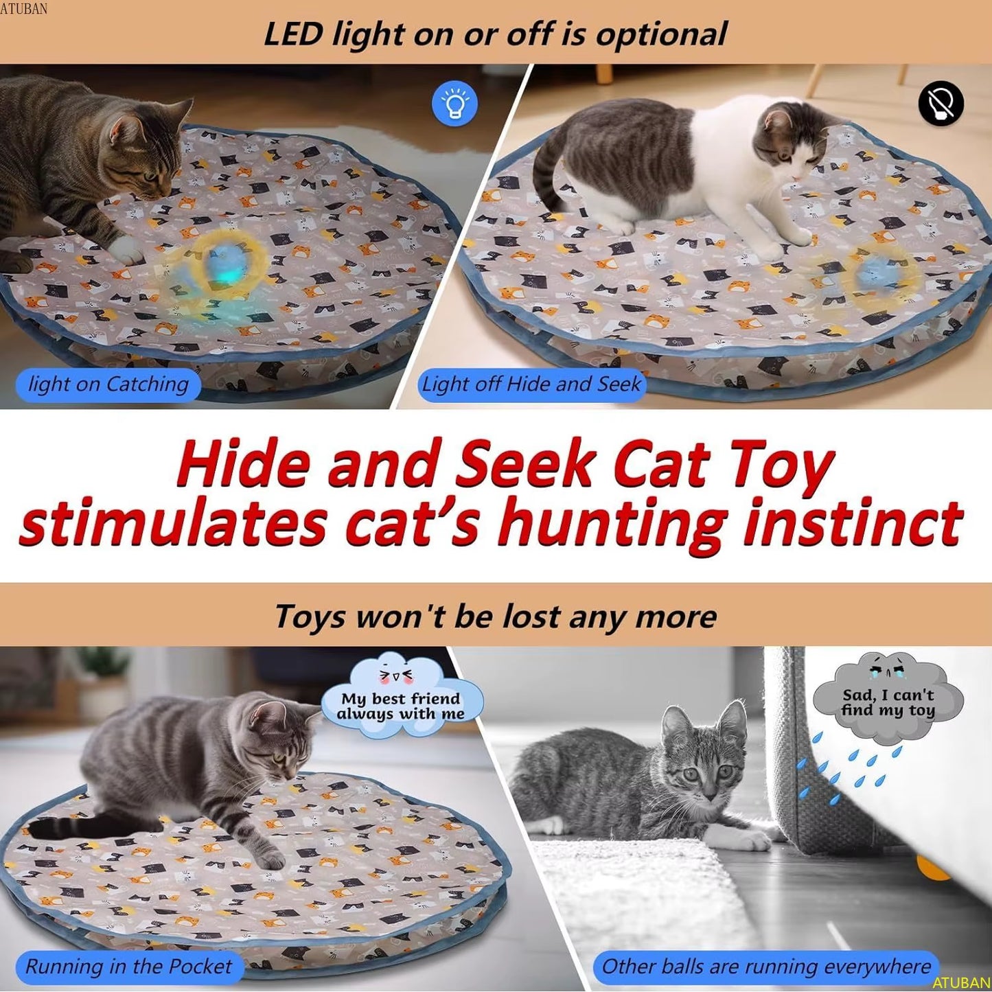 Electric Cat Toys,Hide and Seek Kitten Toy,Chirping&Motion Activated Interactive Cat Toy,Cats Hiding Cover Exercise Toy