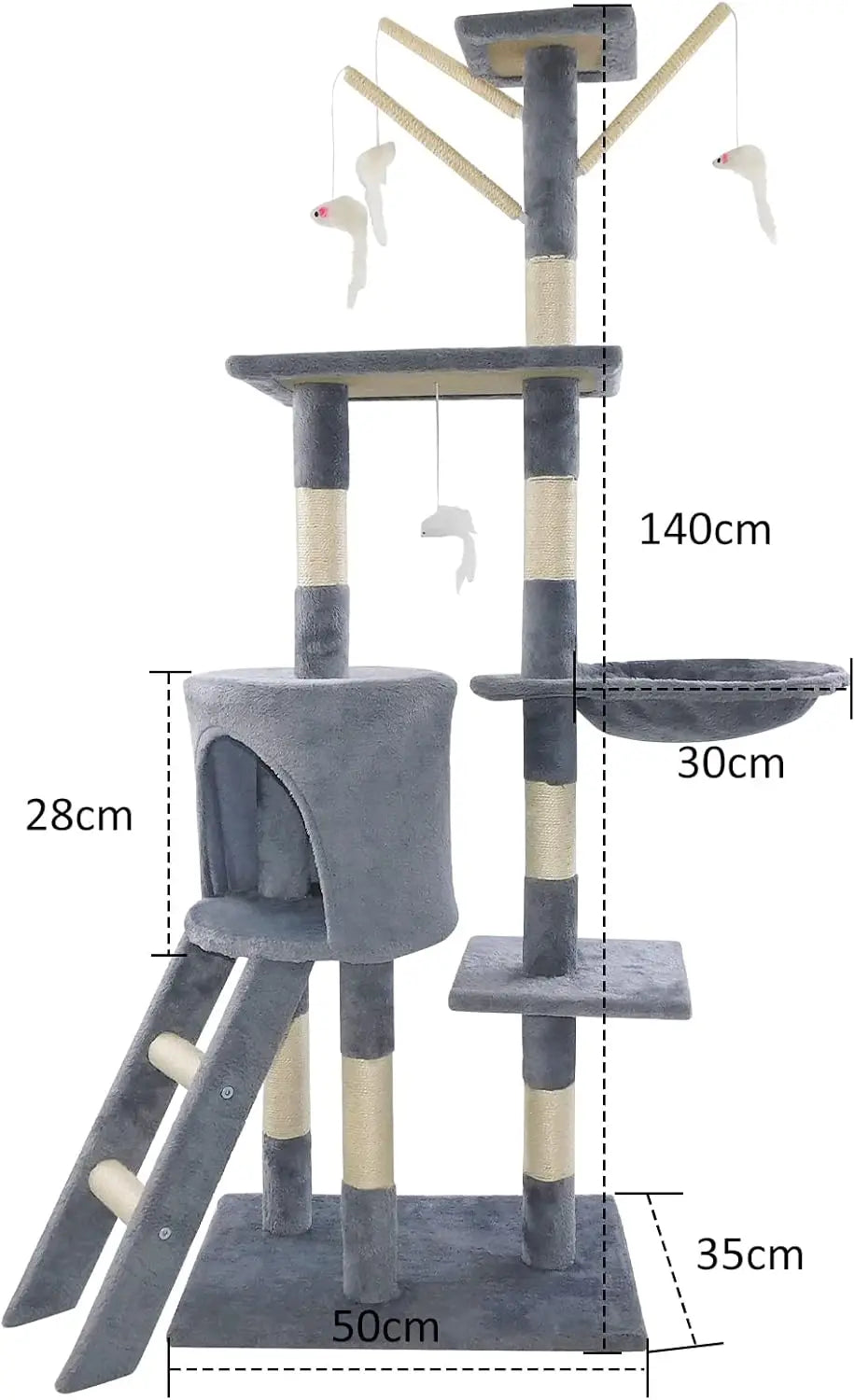 140Cm Cat Scratching Post Multi Level Cat Tree Tower Pet Scratcher Activity Center Large Furniture Kitten House, Grey Color
