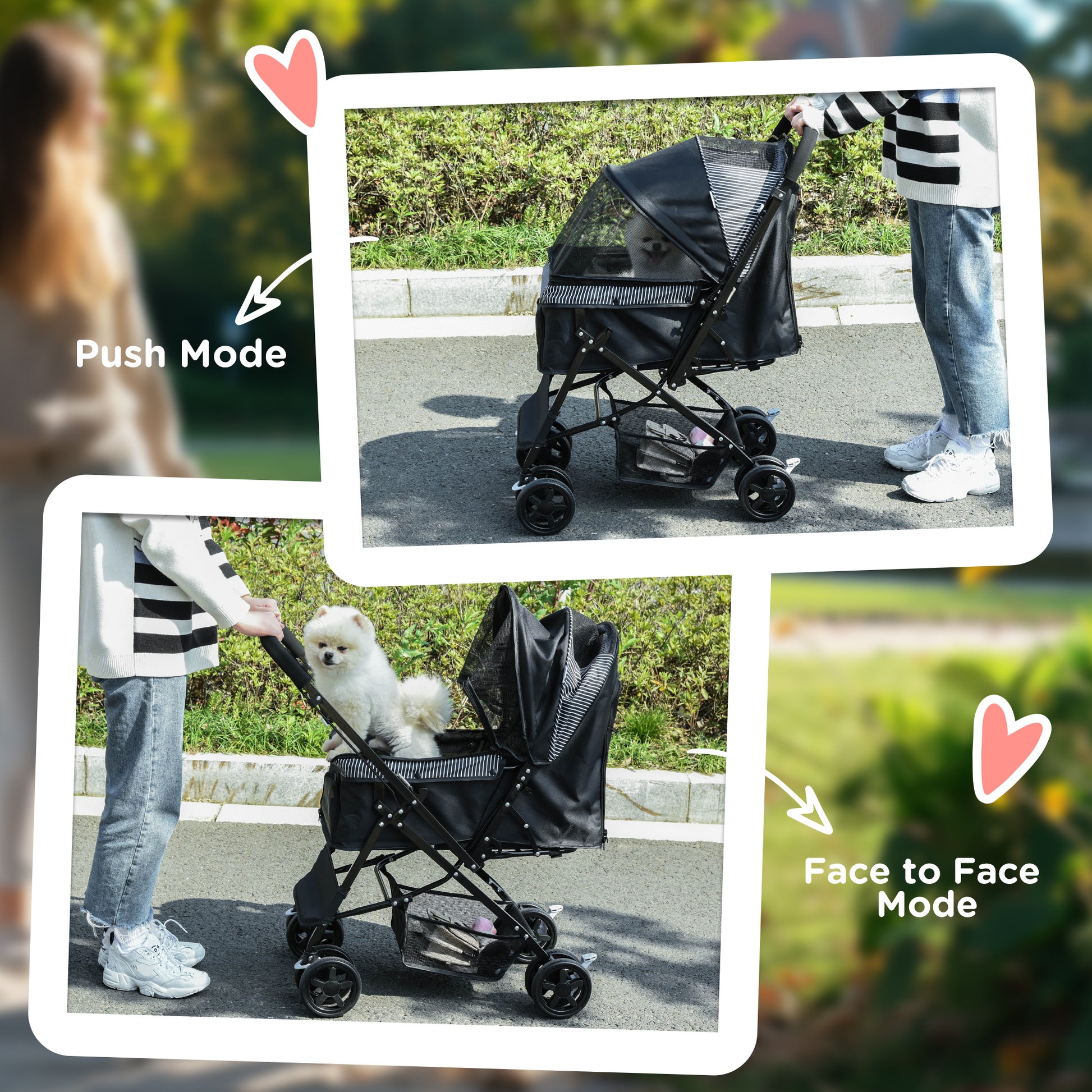 Pet Stroller Foldable Travel Dog Cat Carriage W/ Reversible Handle Brake Basket