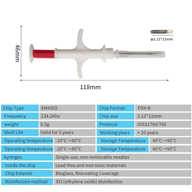 10/20Pcs Pet Microchip 134.2Khz Animal Syringe EM4305 ID Chip | ISO11784/11785 FDX-B Injection for Dog Cat