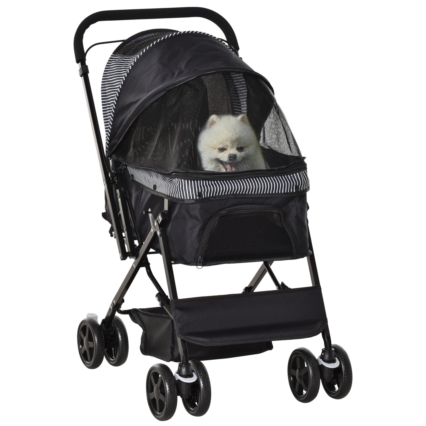 Pet Stroller Foldable Travel Dog Cat Carriage W/ Reversible Handle Brake Basket