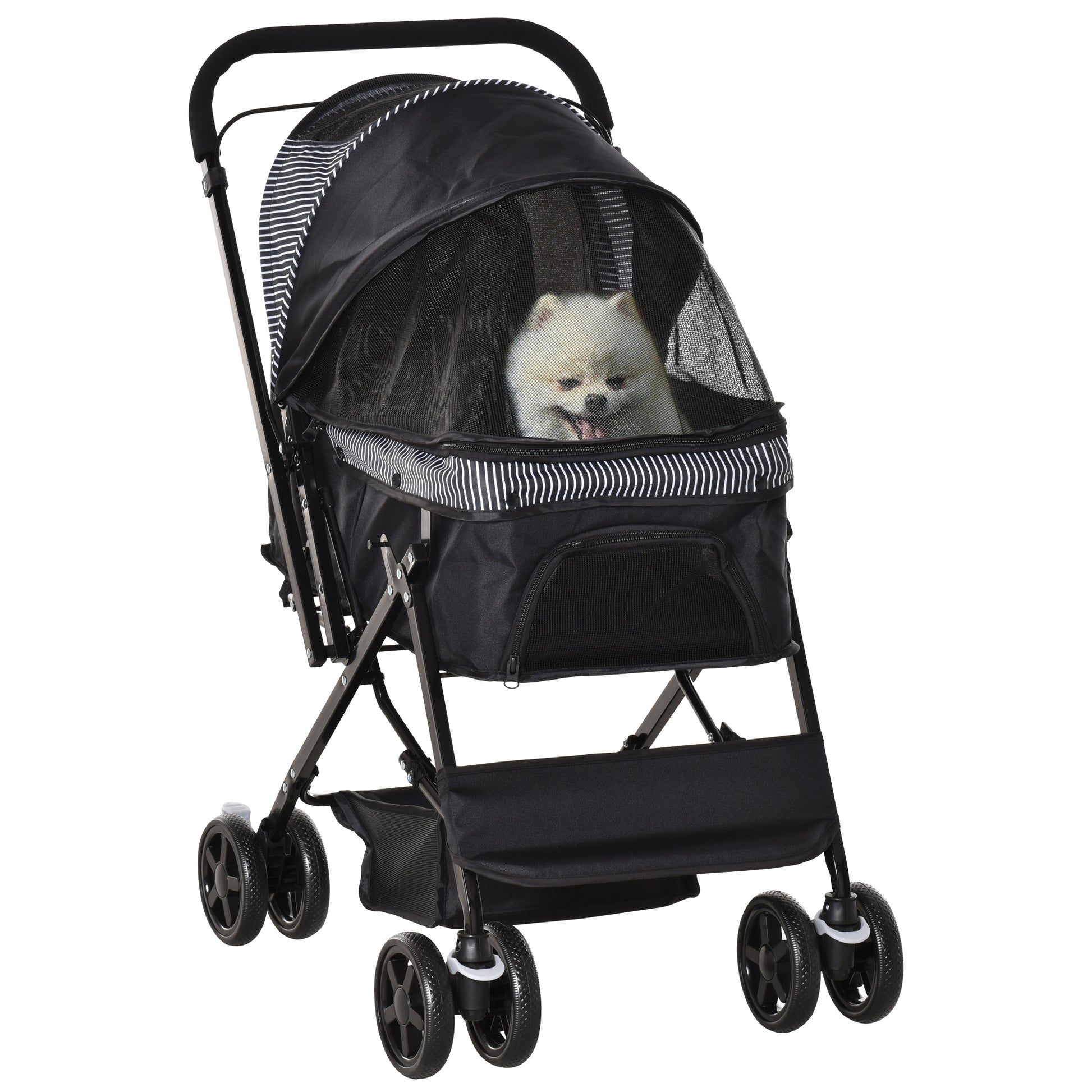 Pet Stroller Foldable Travel Dog Cat Carriage W/ Reversible Handle Brake Basket