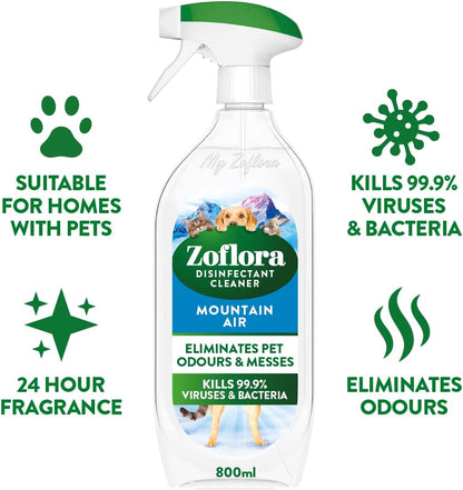 Zoflora - Mountain Air Multipurpose Disinfectant Trigger Spray, 1 X 800Ml, Antibacterial Multi-Surface Cleaner, Pet-Safe, Kills 99.9% of Bacteria & Viruses.