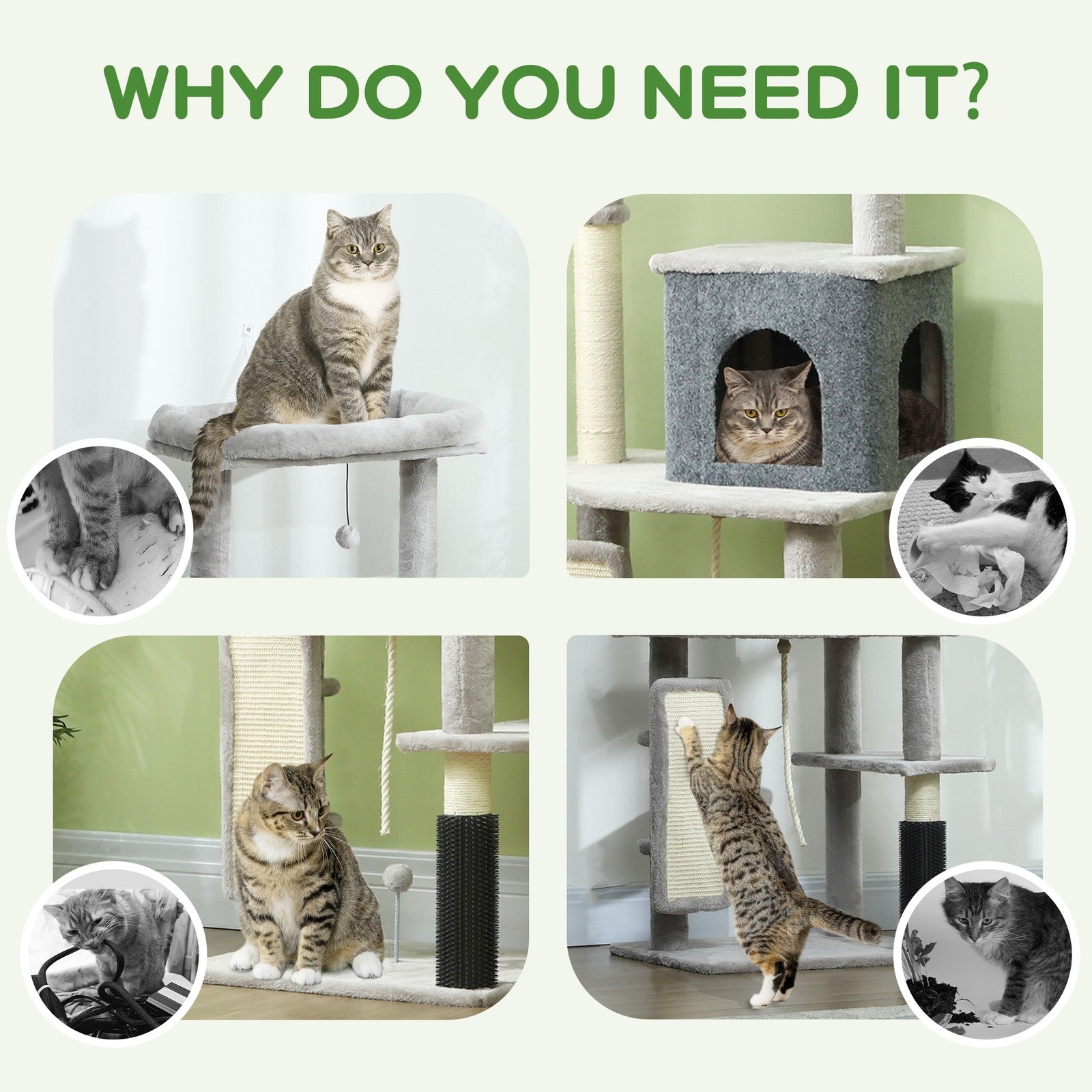 Cat Tree, 132Cm Cat Tower with Scratching Posts and Pad, Bed, House, Light Grey