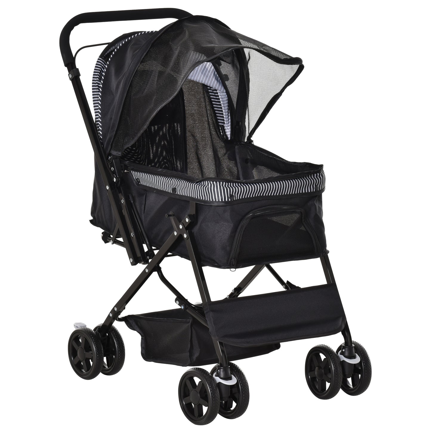 Pet Stroller Foldable Travel Dog Cat Carriage W/ Reversible Handle Brake Basket
