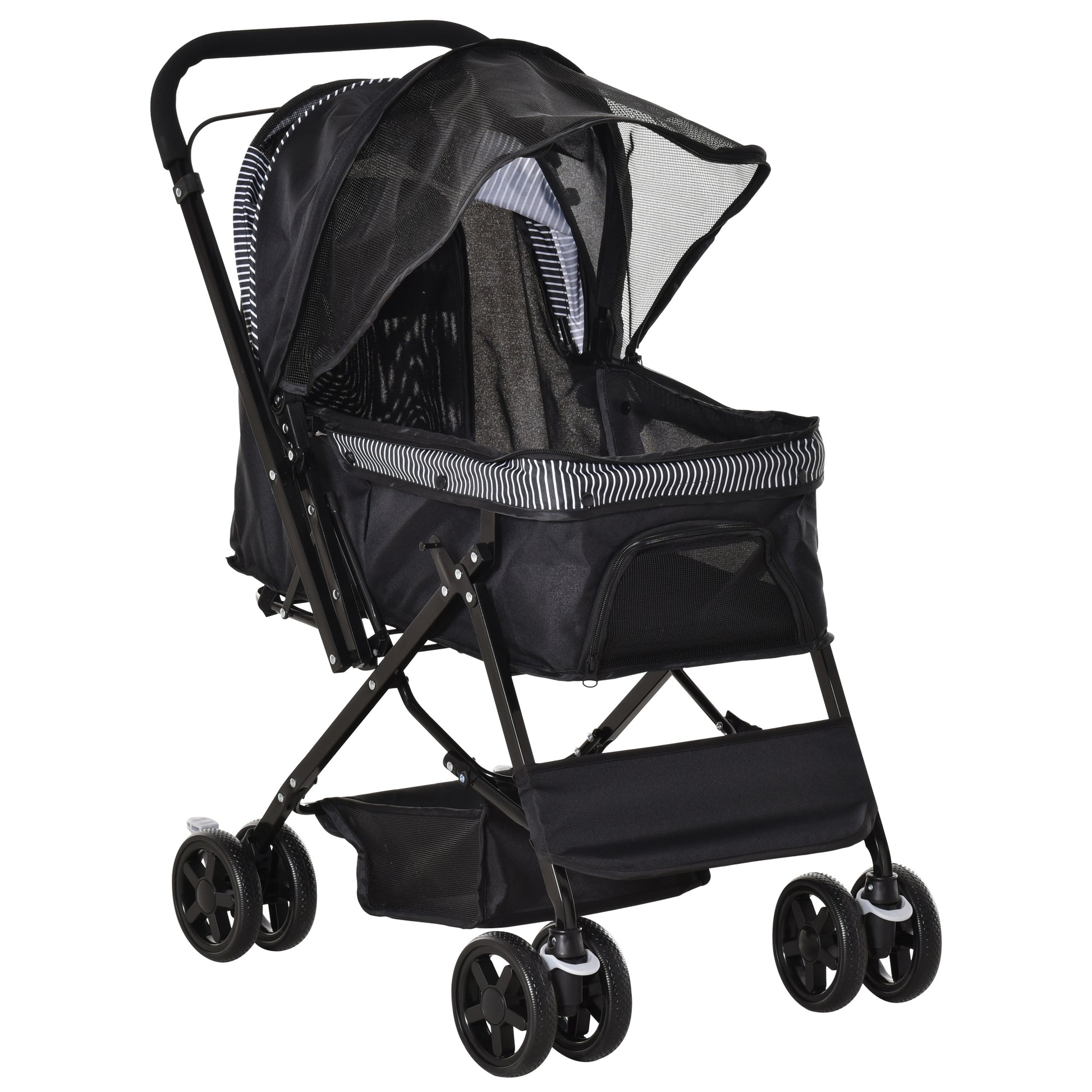 Pet Stroller Foldable Travel Dog Cat Carriage W/ Reversible Handle Brake Basket