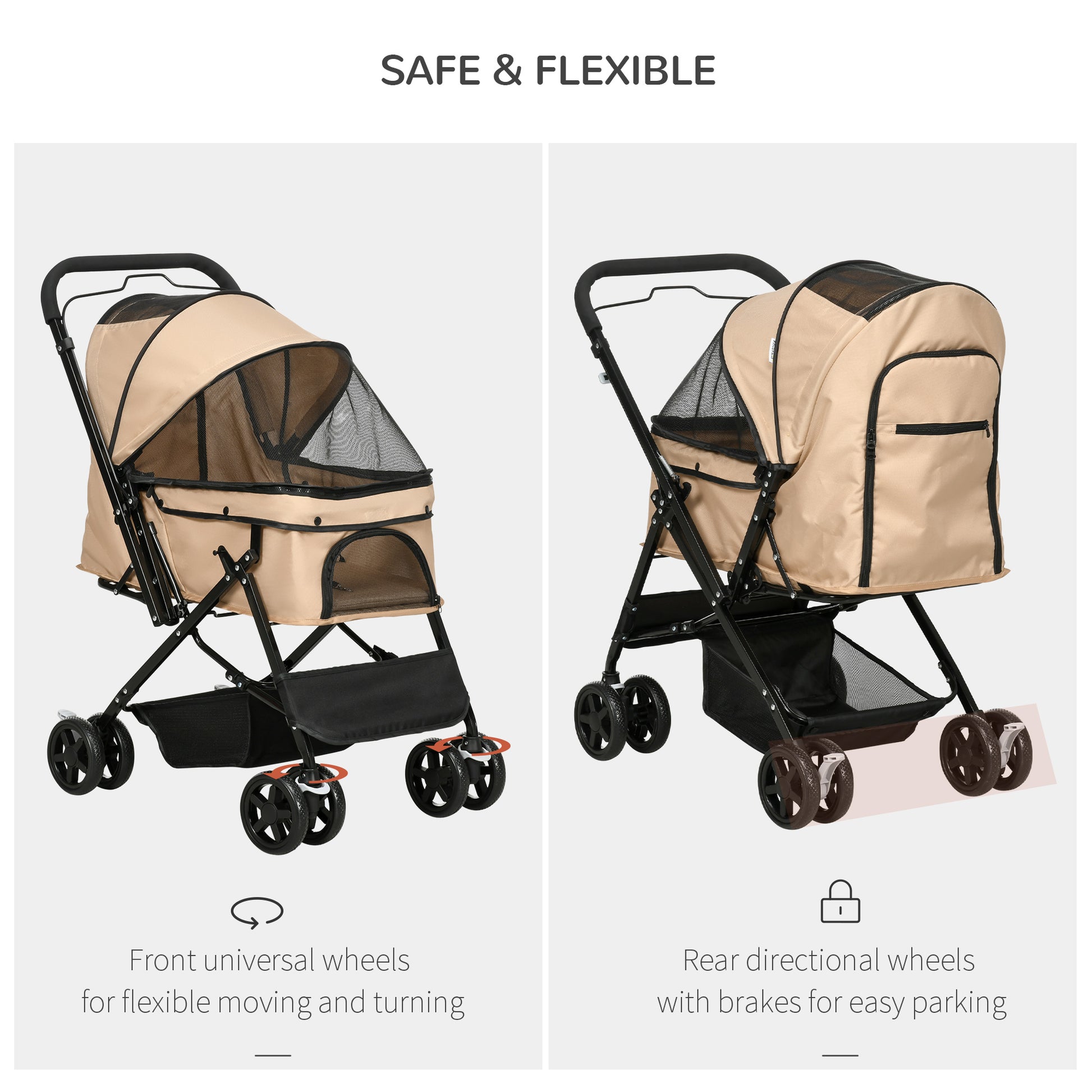 Pet Stroller Foldable Travel Dog Cat Carriage W/ Reversible Handle Brake Basket