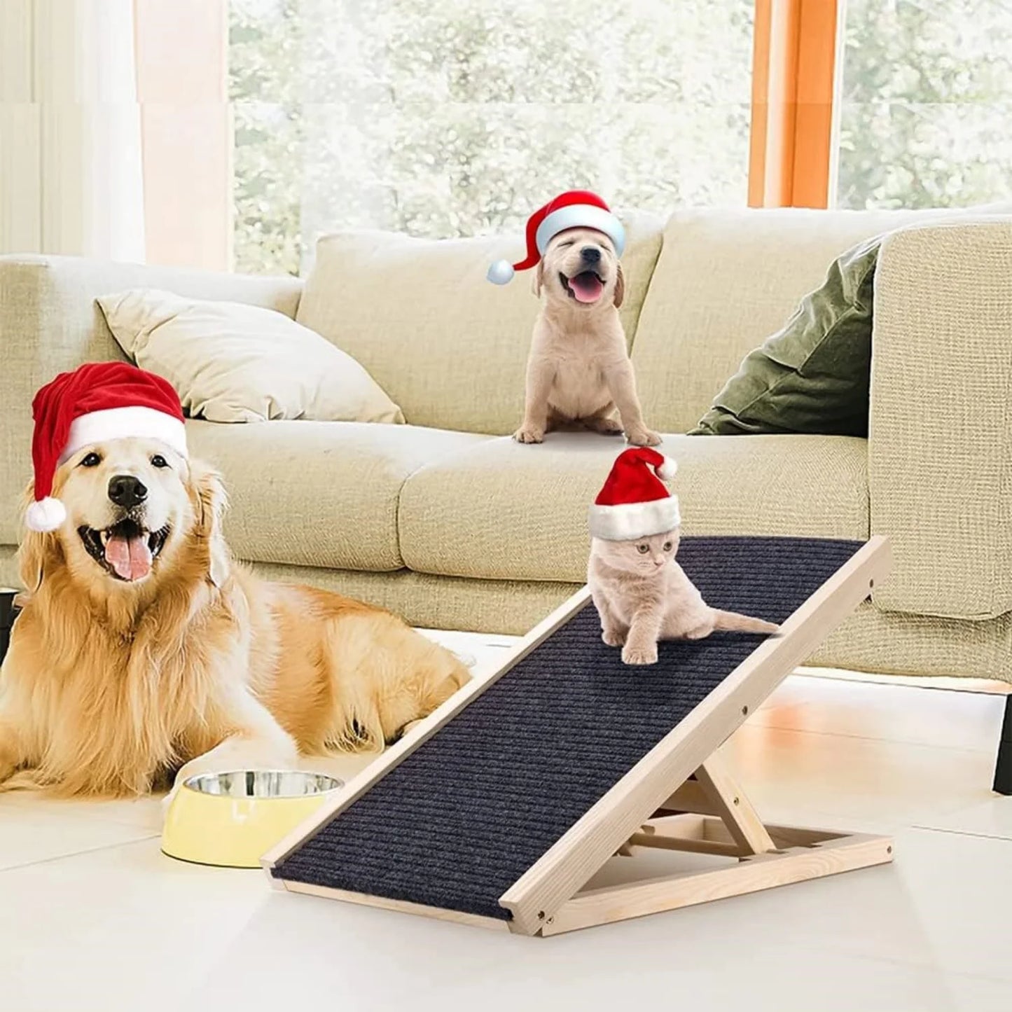 Pet Climbing Ladder Solid Wood Pet Ramp Car Dog Ladder with Non-Slip Carpet Height Adjustable Multi-Purpose Treads