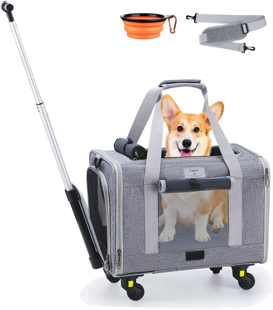 Dog Carrier with Wheels, Airline Approved Outdoor Rolling Pet Carrier with Telescopic Handle and Shoulder Strap for Travel, Grey