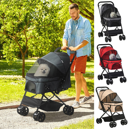 Pet Stroller Foldable Travel Dog Cat Carriage W/ Reversible Handle Brake Basket