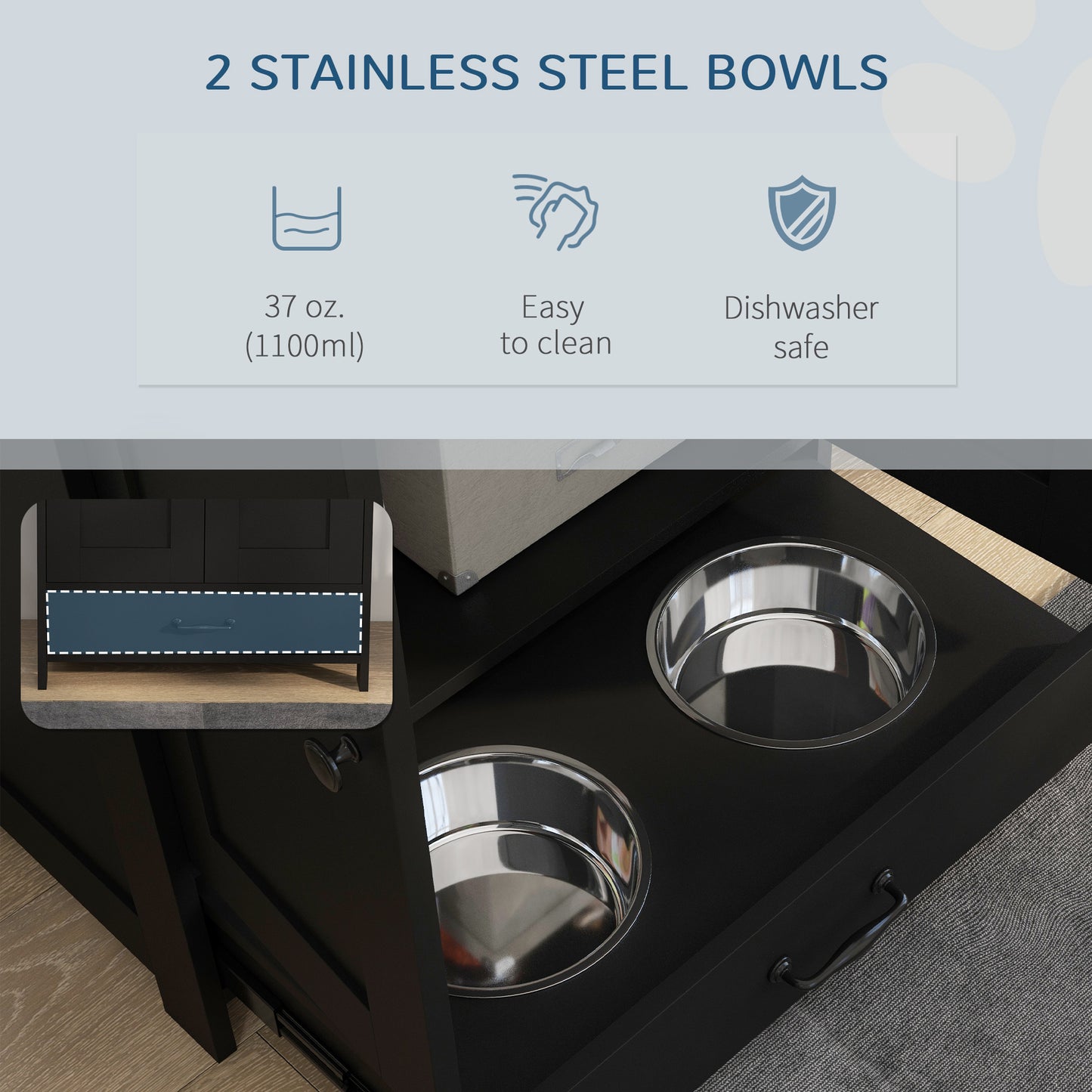 Dog Feeding Station with Storage, Pet Feeding Station with Dog Bowls, Black