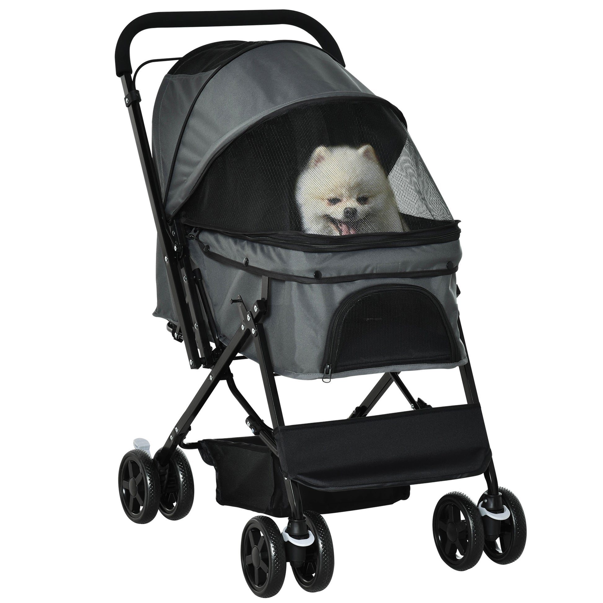 Pet Stroller Foldable Travel Dog Cat Carriage W/ Reversible Handle Brake Basket