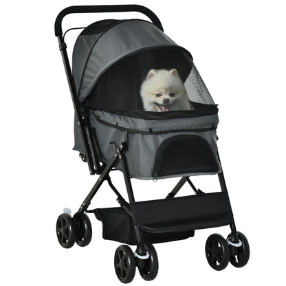Pet Stroller Foldable Travel Dog Cat Carriage W/ Reversible Handle Brake Basket