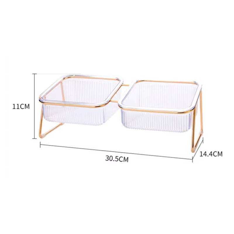 Pet Double Bowl Transparent High Foot Cat Bowl Drink Water Cat Food with Golden Stand Raised Water Feeder Dog Bowl Supplies