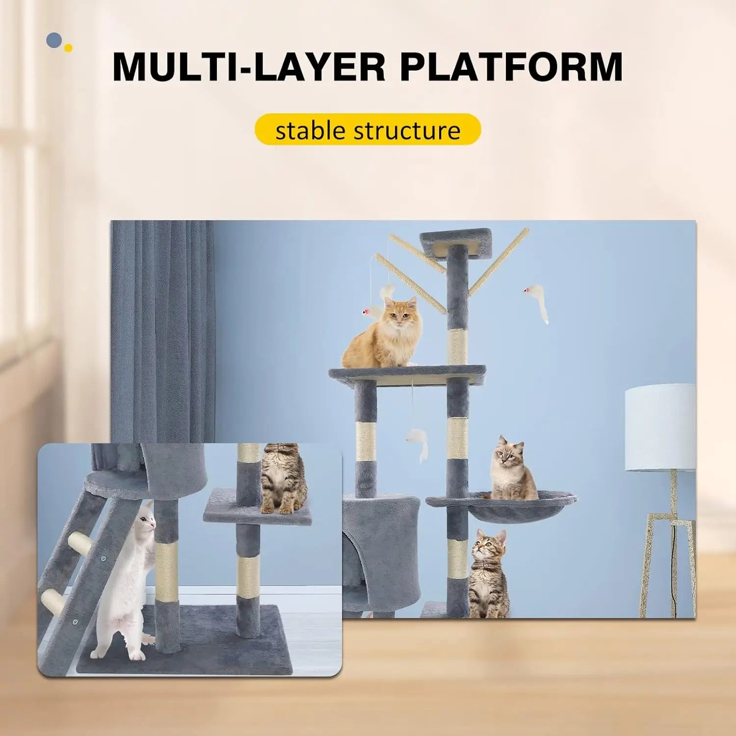 140Cm Cat Scratching Post Multi Level Cat Tree Tower Pet Scratcher Activity Center Large Furniture Kitten House, Grey Color