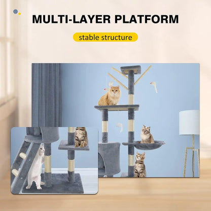 140Cm Cat Scratching Post Multi Level Cat Tree Tower Pet Scratcher Activity Center Large Furniture Kitten House, Grey Color