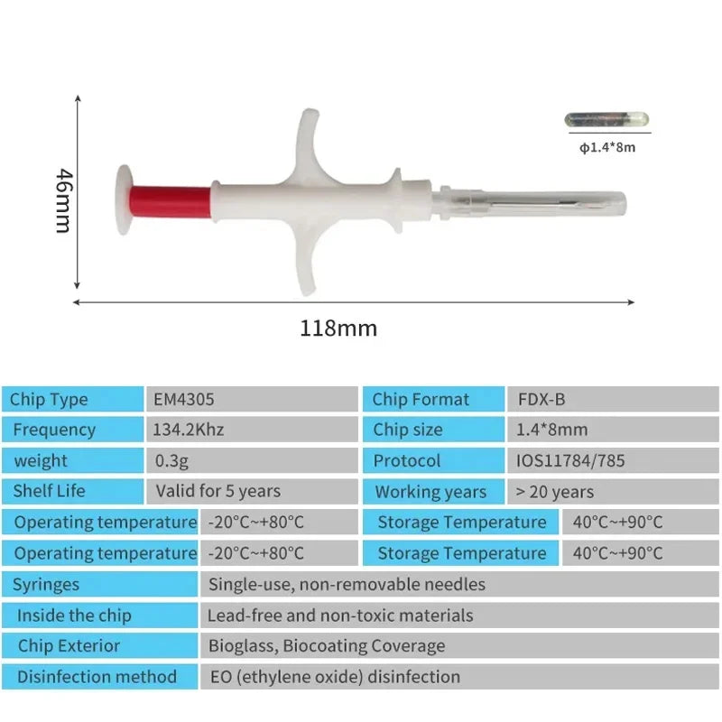 10/20Pcs Pet Microchip 134.2Khz Animal Syringe EM4305 ID Chip | ISO11784/11785 FDX-B Injection for Dog Cat