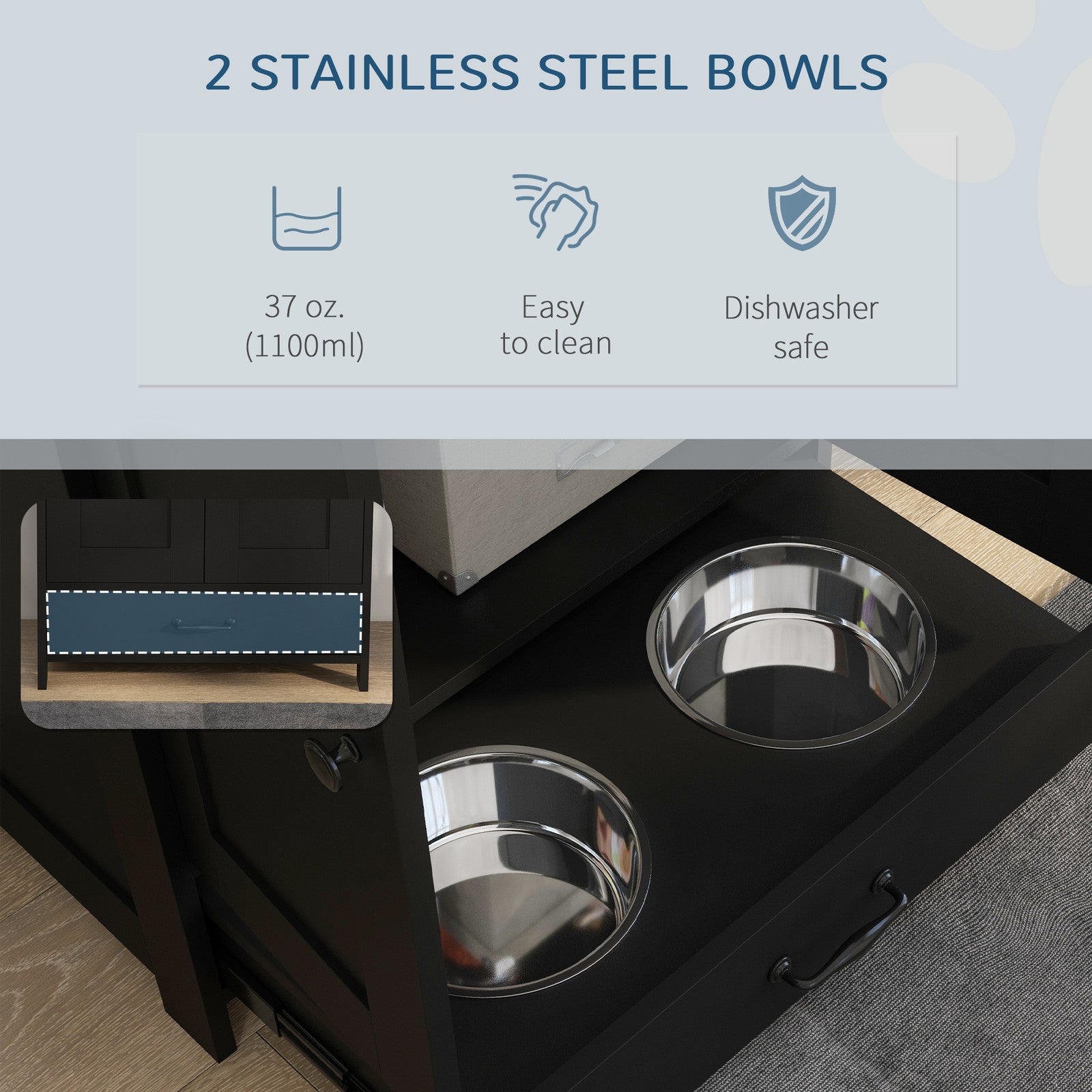 Dog Feeding Station with Storage, Pet Feeding Station with Dog Bowls, Black
