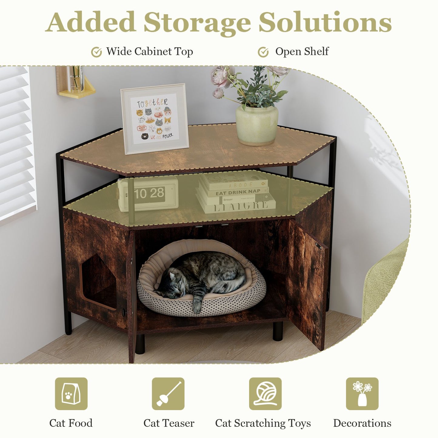 Corner Cat Litter Box Enclosure with Open Shelf