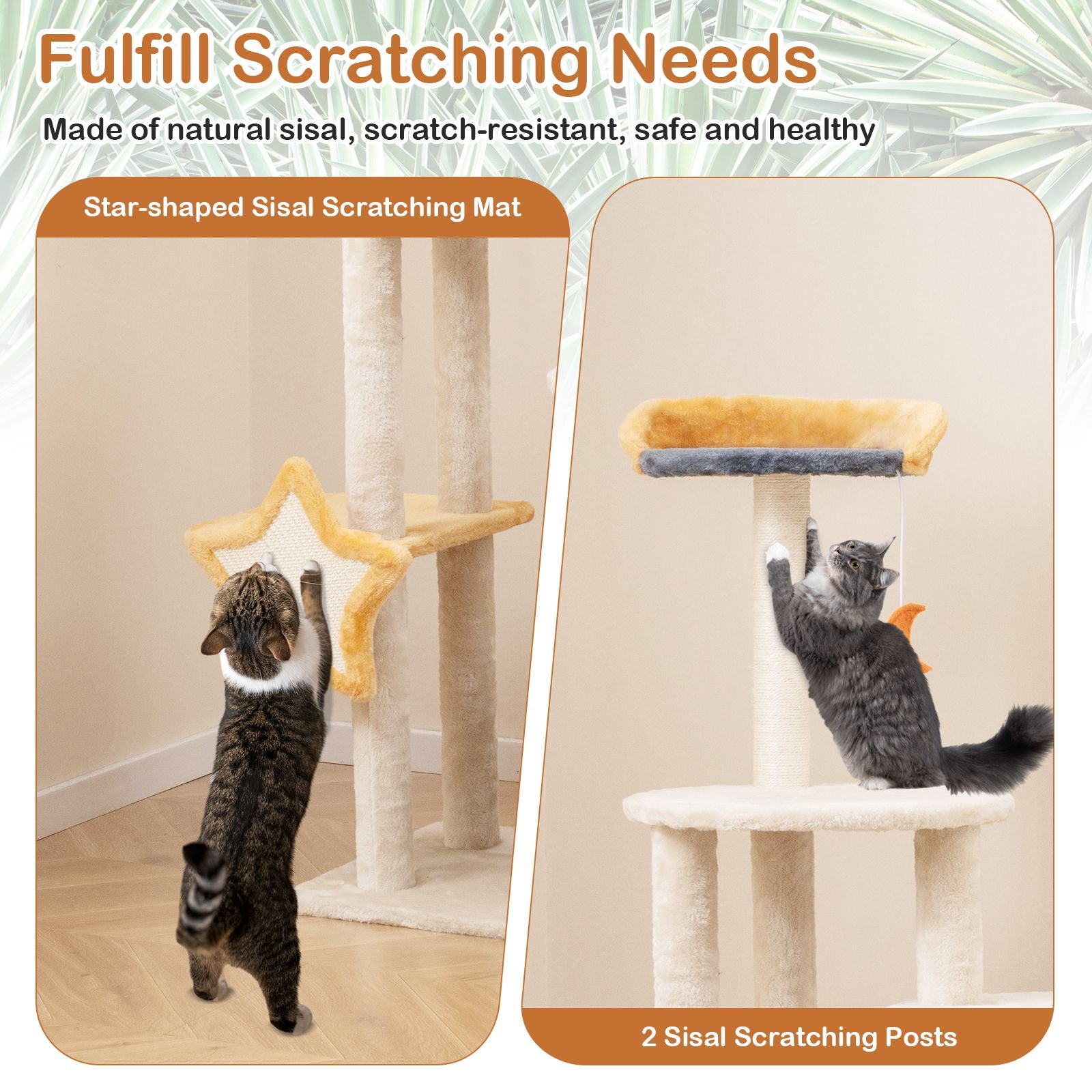 128 Cm Tall Cat Tree with Sisl Scratching Posts and Dangling Toys