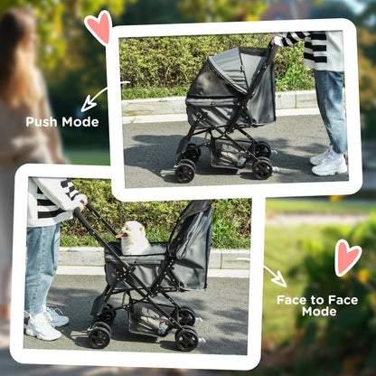 Pet Stroller Foldable Travel Dog Cat Carriage W/ Reversible Handle Brake Basket