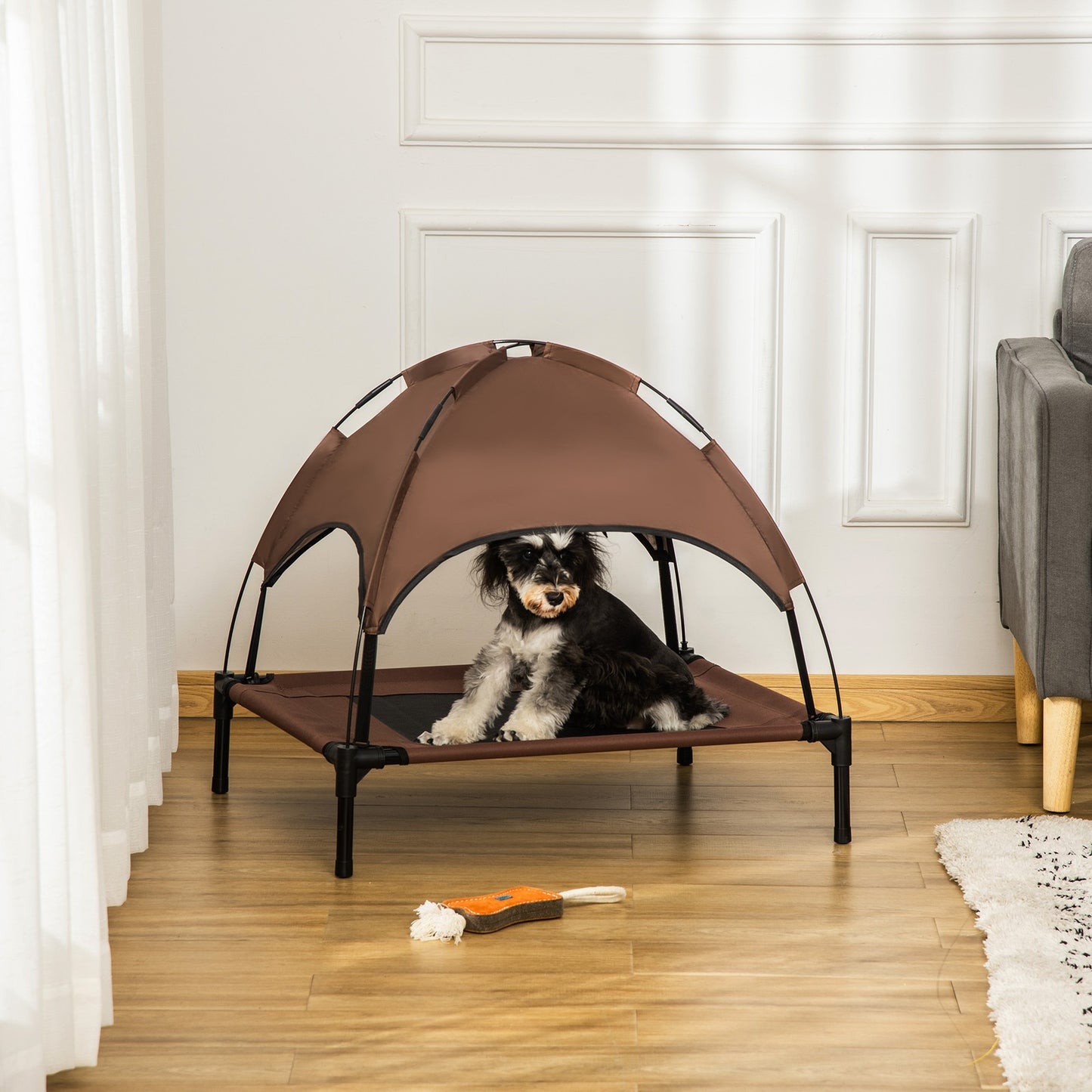 Pawhut 76Cm Elevated Dog Bed Cooling Raised Pet Cot UV Protection Canopy Brown
