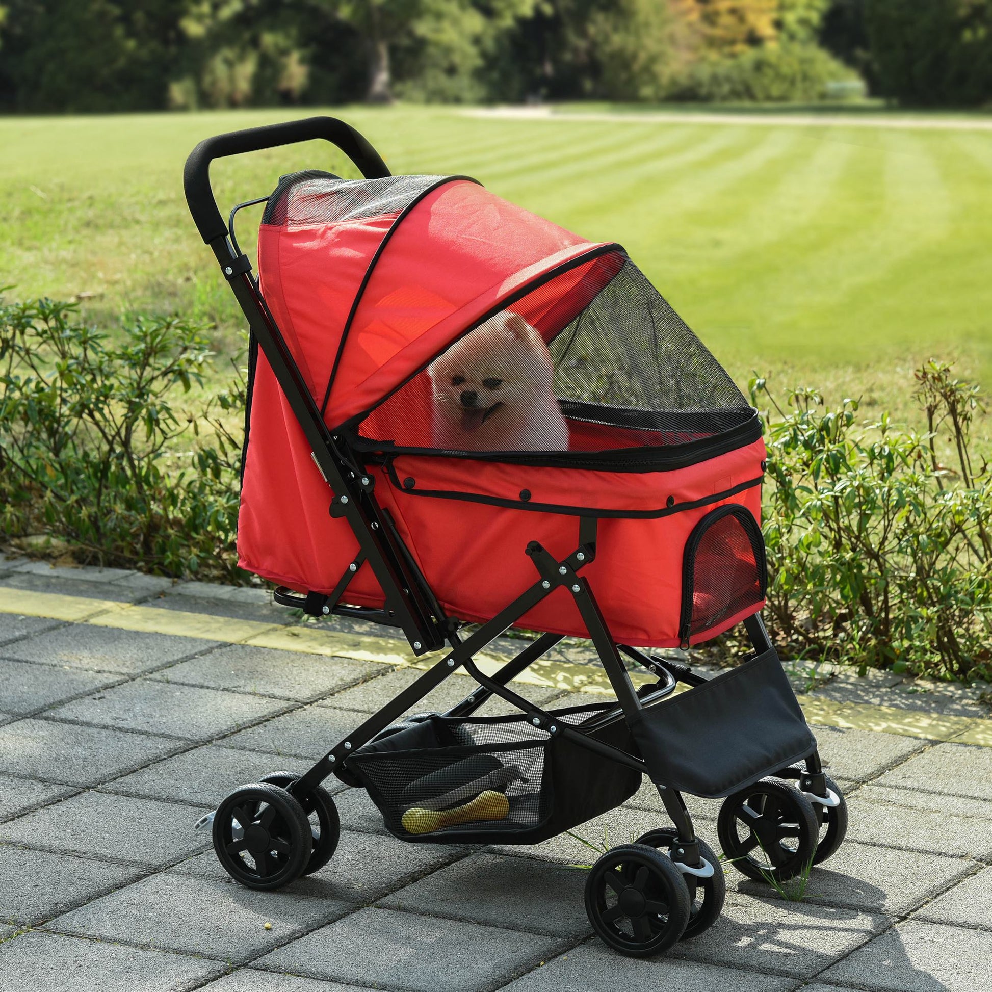 Pet Stroller Foldable Travel Dog Cat Carriage W/ Reversible Handle Brake Basket