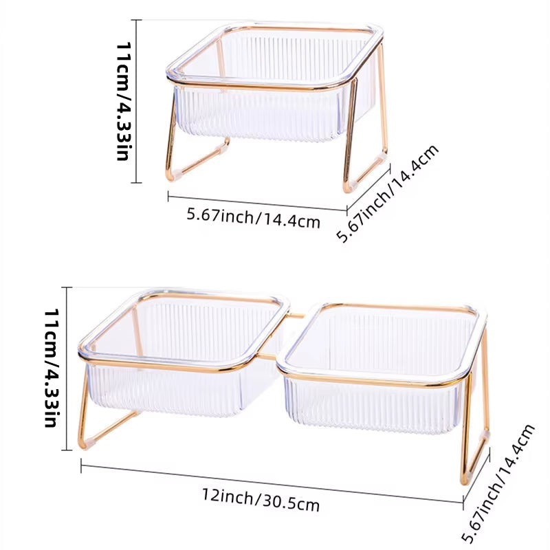 Pet Double Bowl Transparent High Foot Cat Bowl Drink Water Cat Food with Golden Stand Raised Water Feeder Dog Bowl Supplies