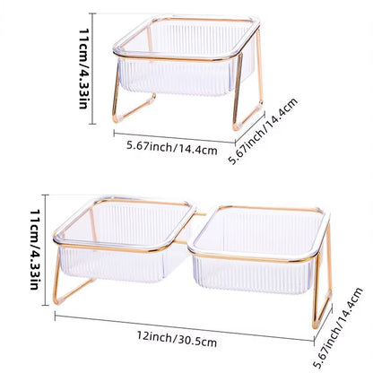 Pet Double Bowl Transparent High Foot Cat Bowl Drink Water Cat Food with Golden Stand Raised Water Feeder Dog Bowl Supplies