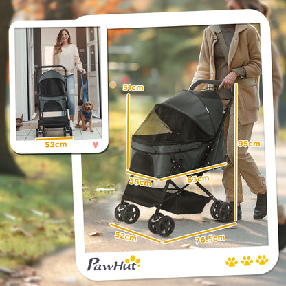 Pet Stroller Foldable Travel Dog Cat Carriage W/ Reversible Handle Brake Basket